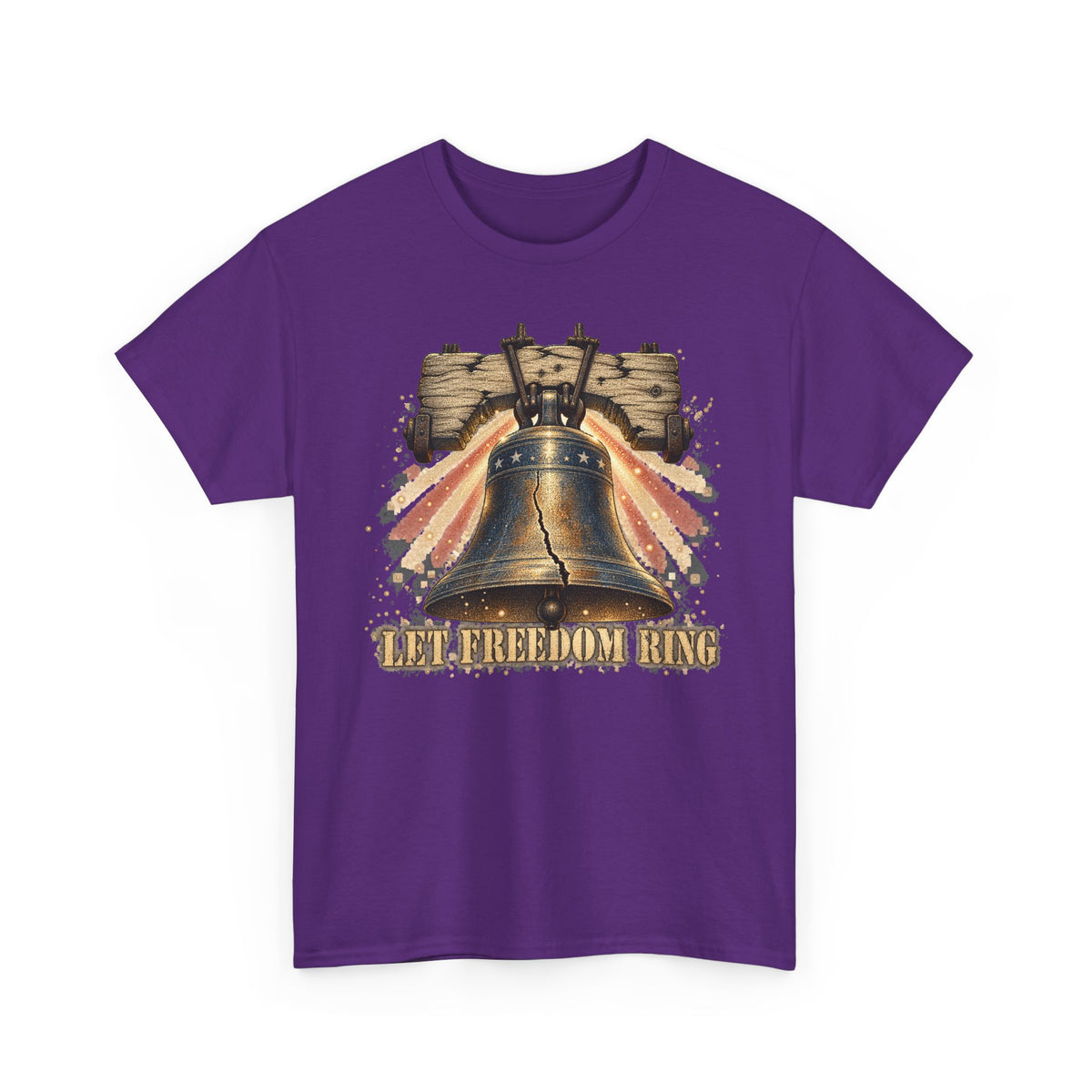 Purple liberty bell graphic T-shirt with vintage "LET FREEDOM RING" print