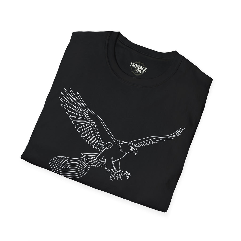 Black T-Shirt with minimal soaring eagle outline and flag-style stripe graphic