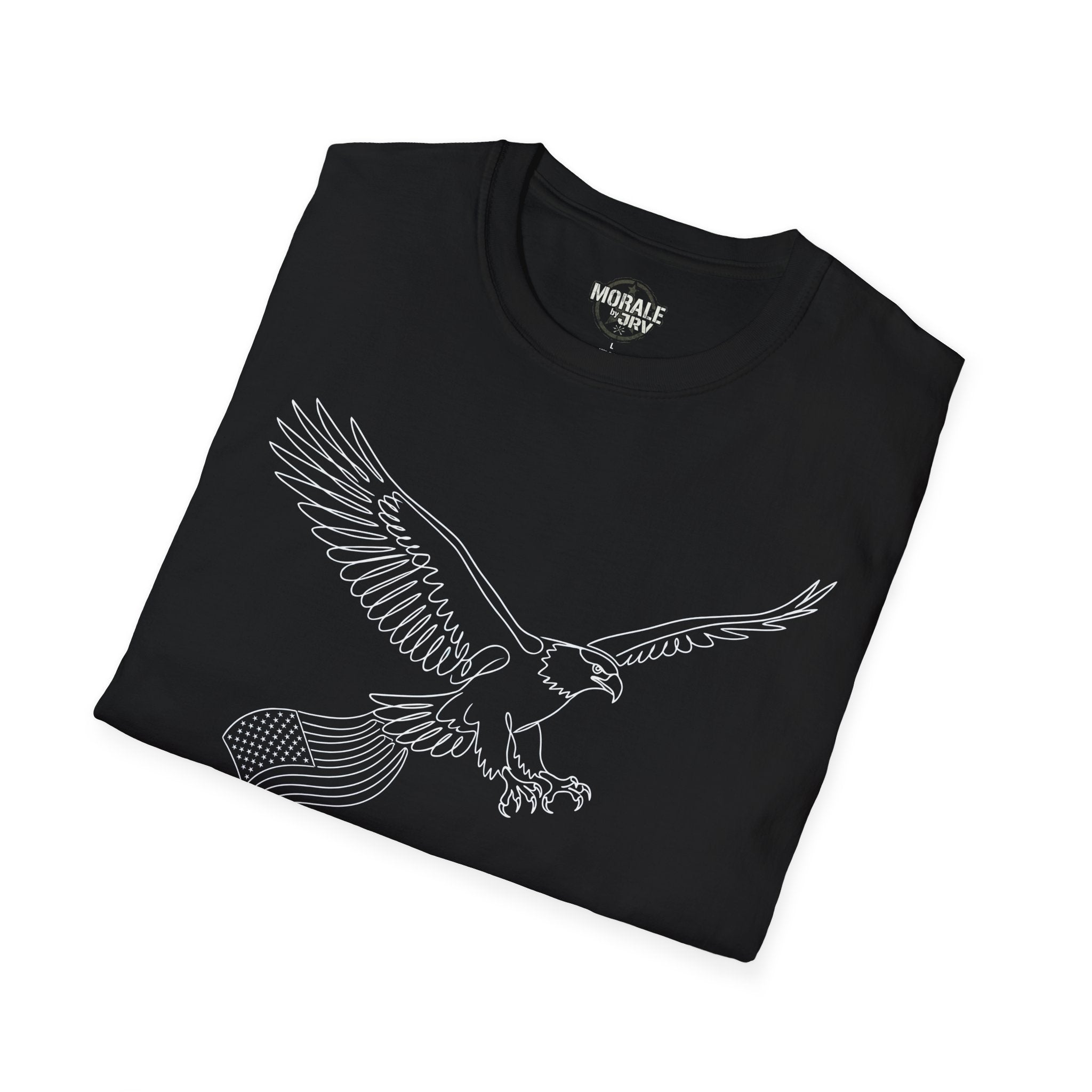 Black T-Shirt with minimal soaring eagle outline and flag-style stripe graphic