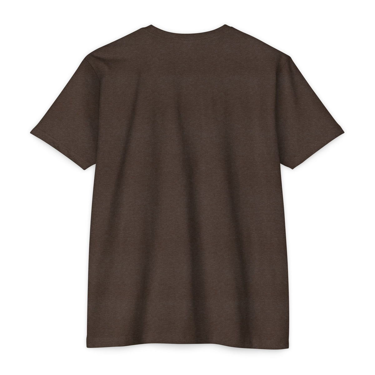 Dark brown T-shirt, short sleeves, crew neck (back view, no graphic)
