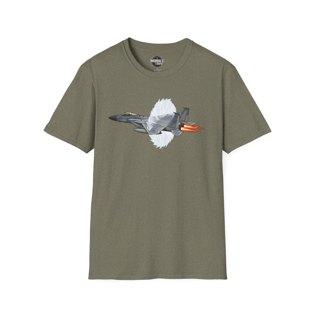 Military green T-shirt with fighter jet afterburner graphic and red-orange flame bursts