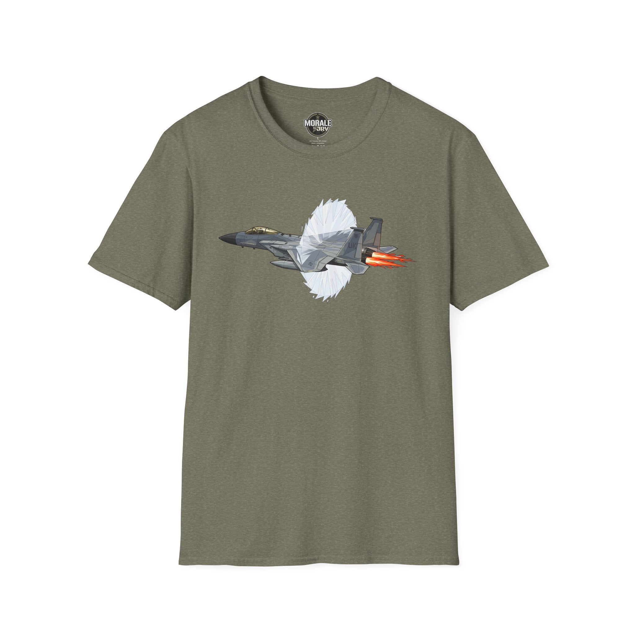 Military green T-shirt with fighter jet afterburner graphic and red-orange flame bursts