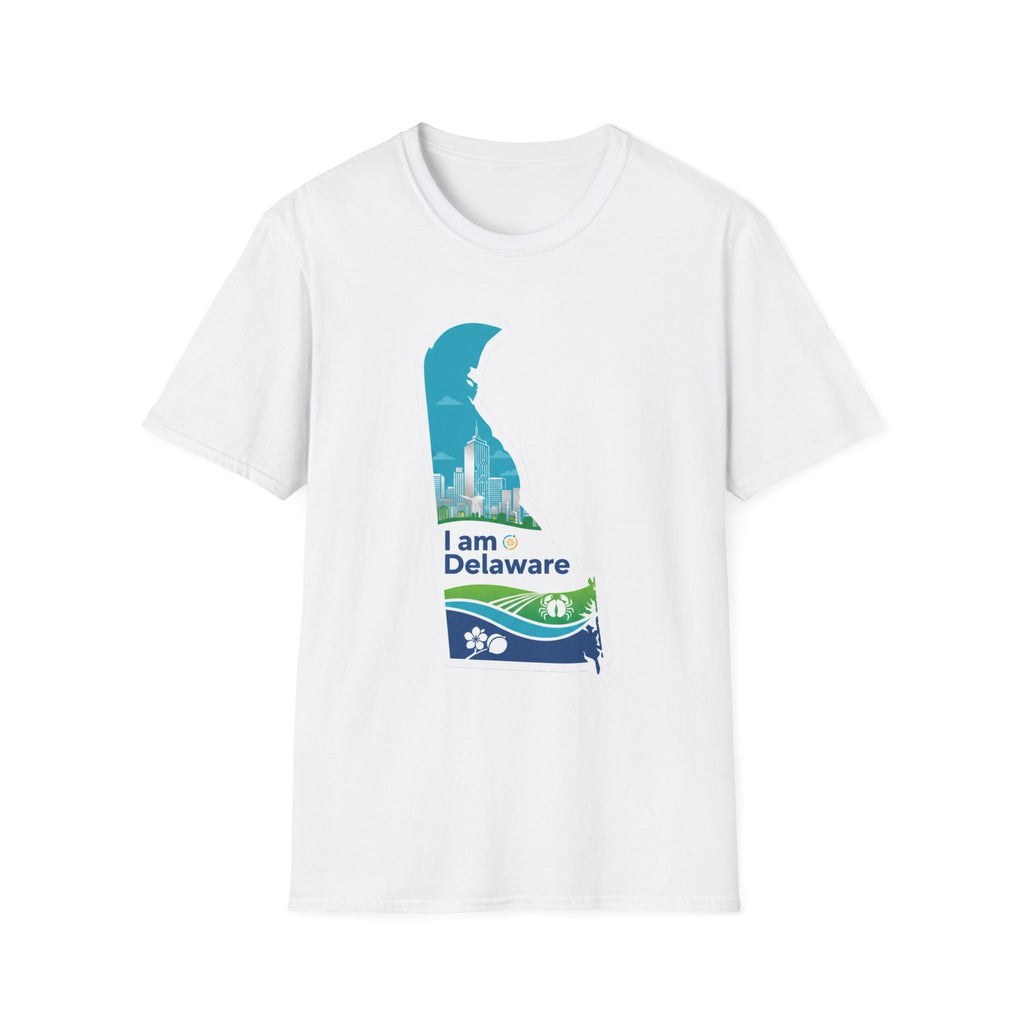White I Am Delaware T-shirt with blue state silhouette and text graphic on front
