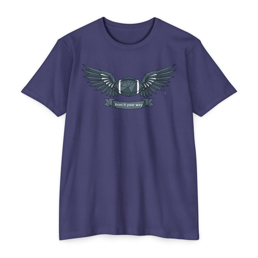Purple crewneck T-shirt with winged camera emblem graphic on the chest
