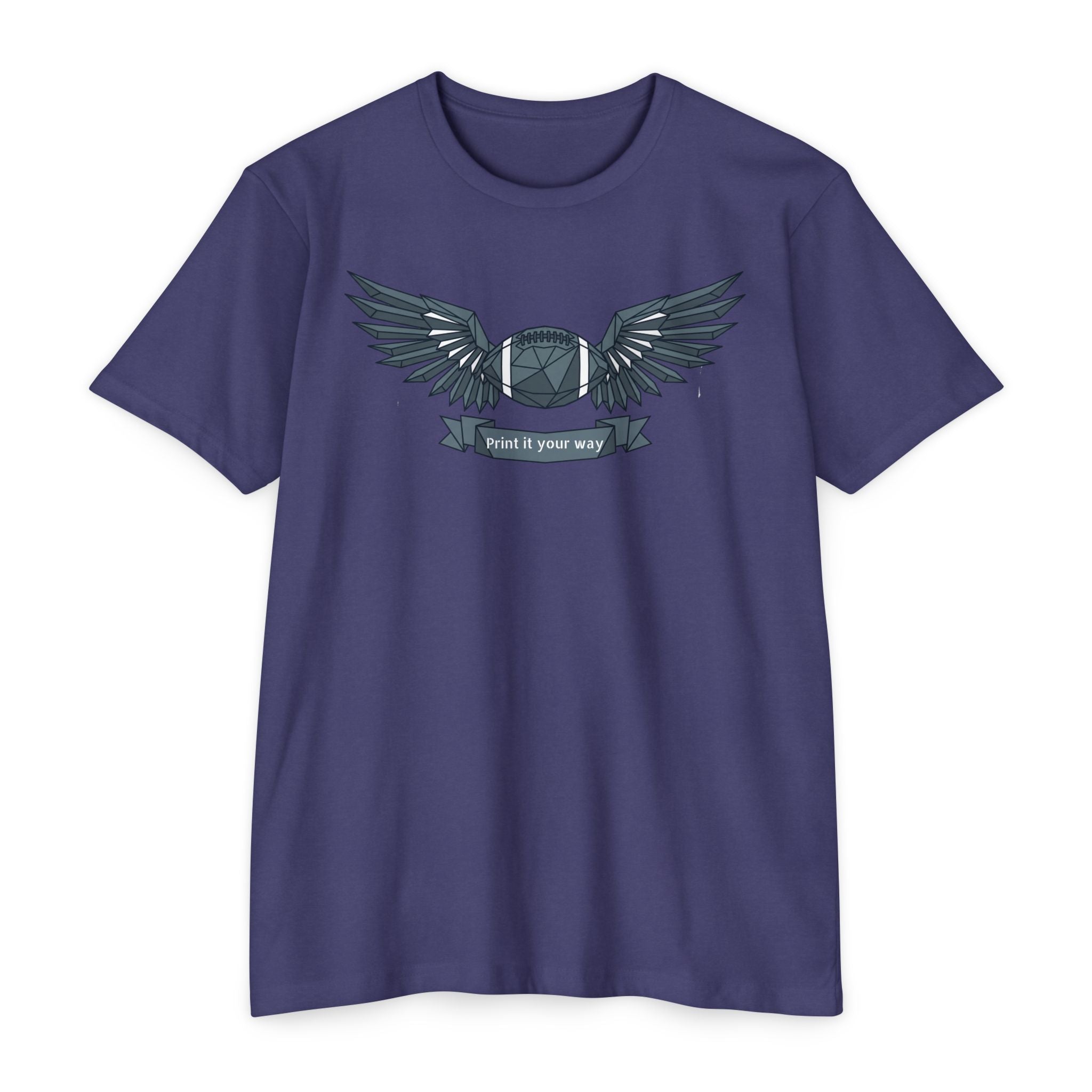 Purple crewneck T-shirt with winged camera emblem graphic on the chest