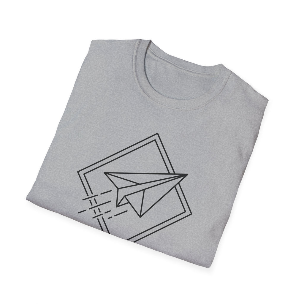 Light gray T-shirt with black paper airplane line-art graphic on the chest