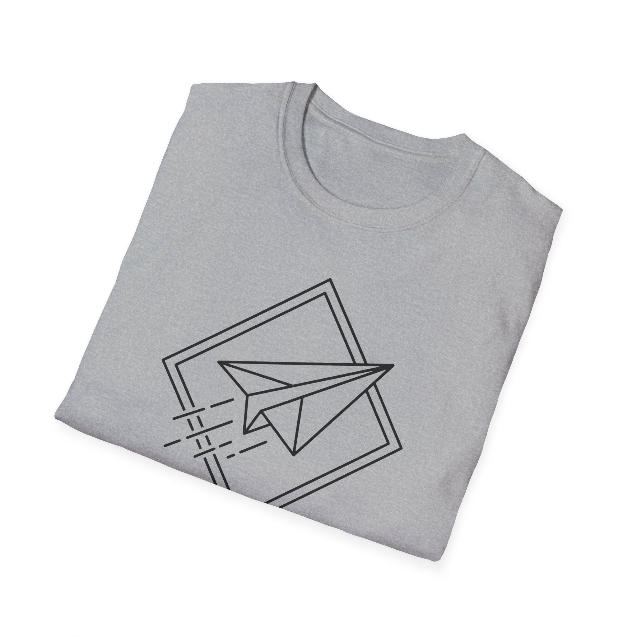 Light gray T-shirt with black paper airplane line-art graphic on the chest