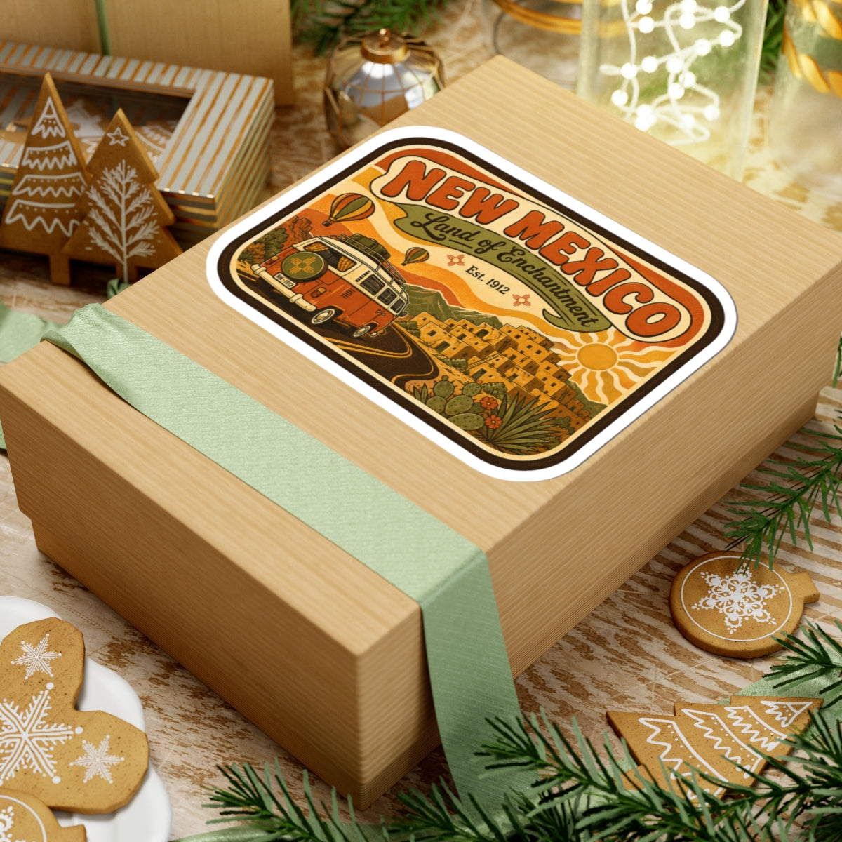 Die-cut New Mexico Land of Enchantment sticker with vintage camper, desert buildings, and winding road