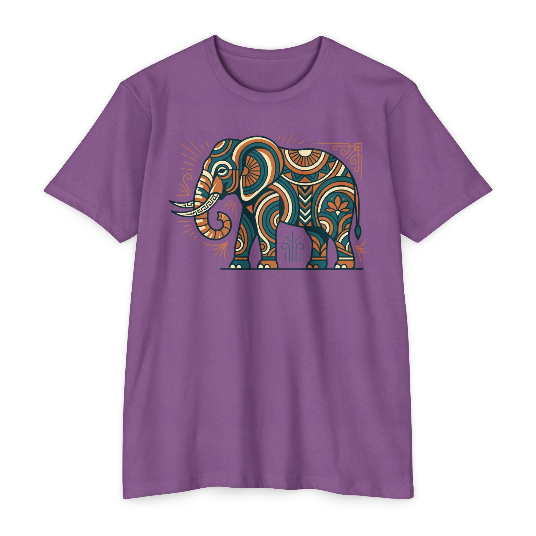 Lavender crewneck short-sleeve T-shirt with colorful paisley elephant graphic on chest