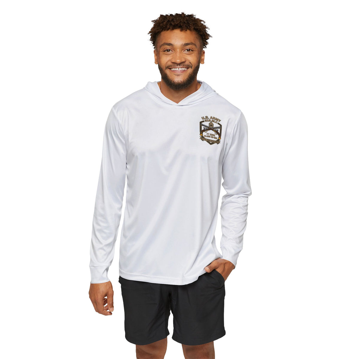 Lightweight performance hoodie in white, front view with chest logo