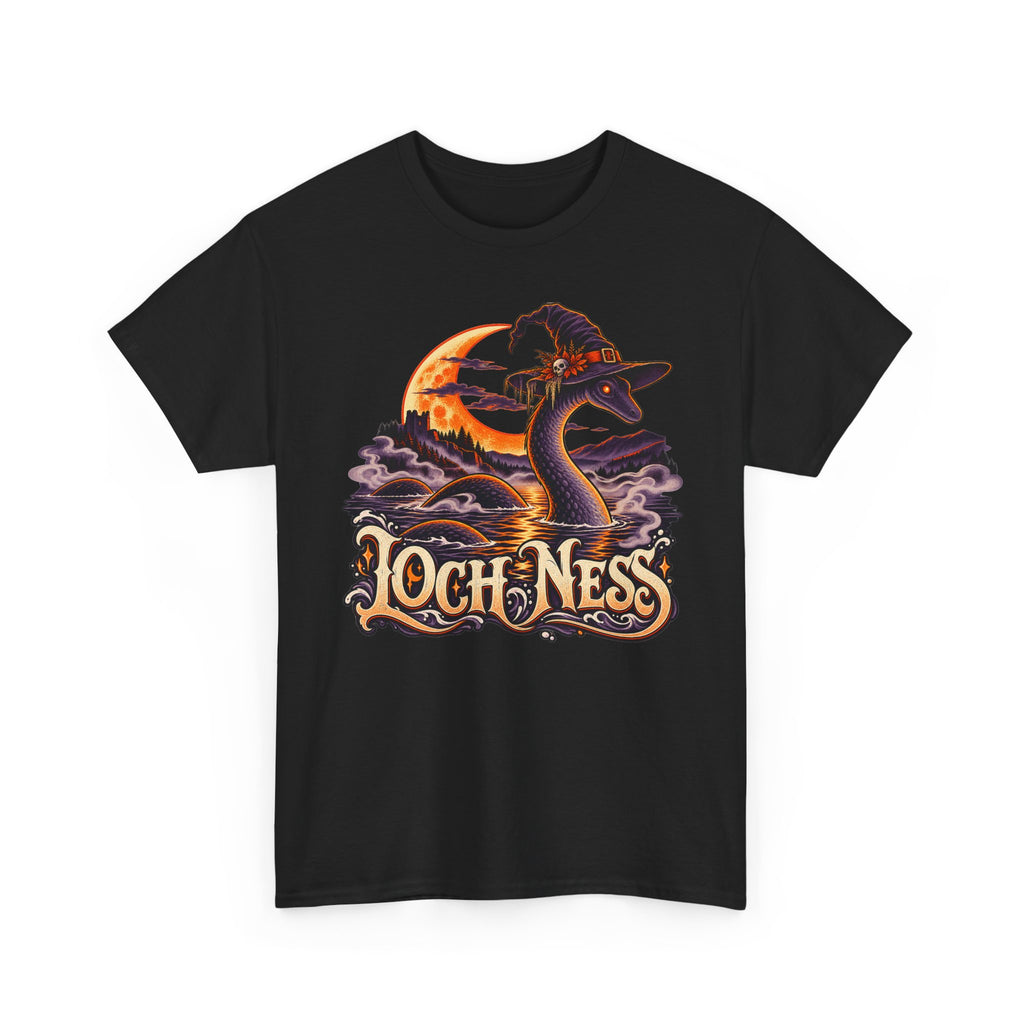 Black crewneck T-shirt with Loch Ness monster wearing witch hat graphic