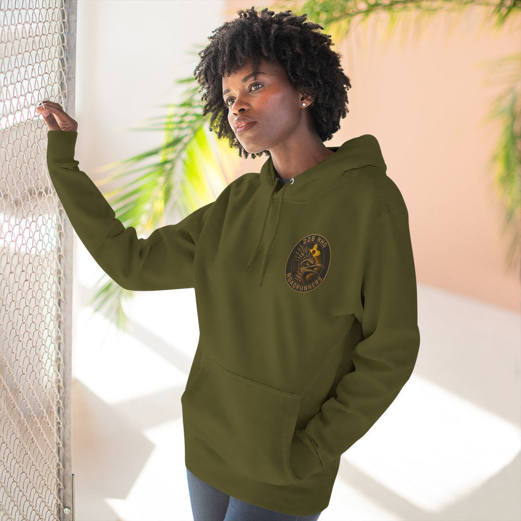 Army green pullover hoodie with hood and kangaroo pocket, round chest logo patch