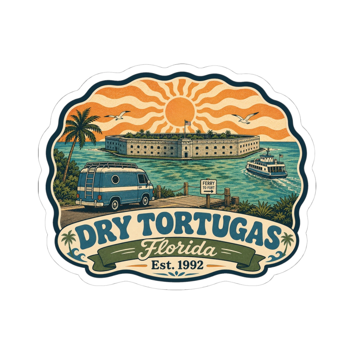 Vintage Florida badge sticker with ferry boat, orange waves, and sun over buildings