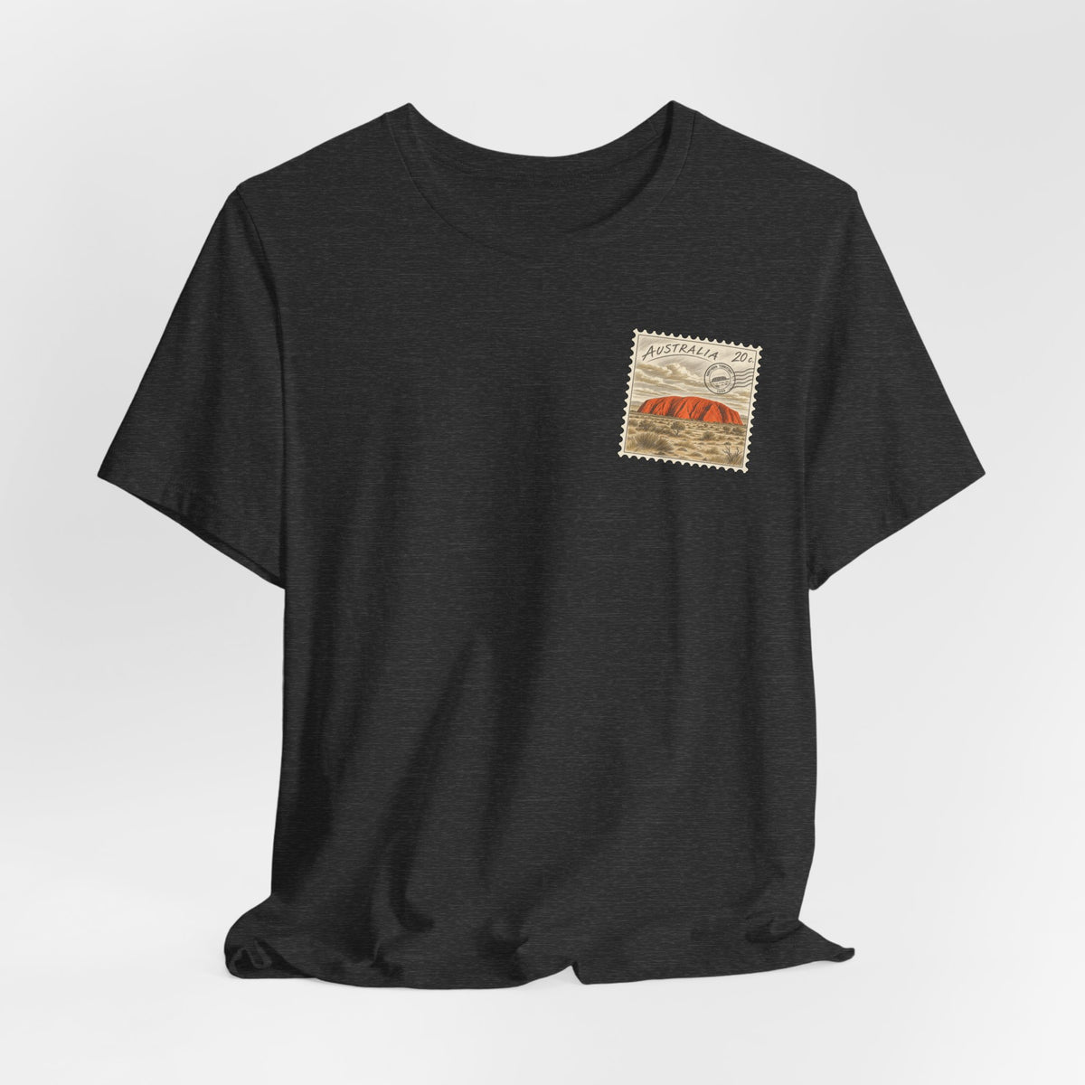 Black travel T-shirt with small Australia postage-stamp graphic on left chest