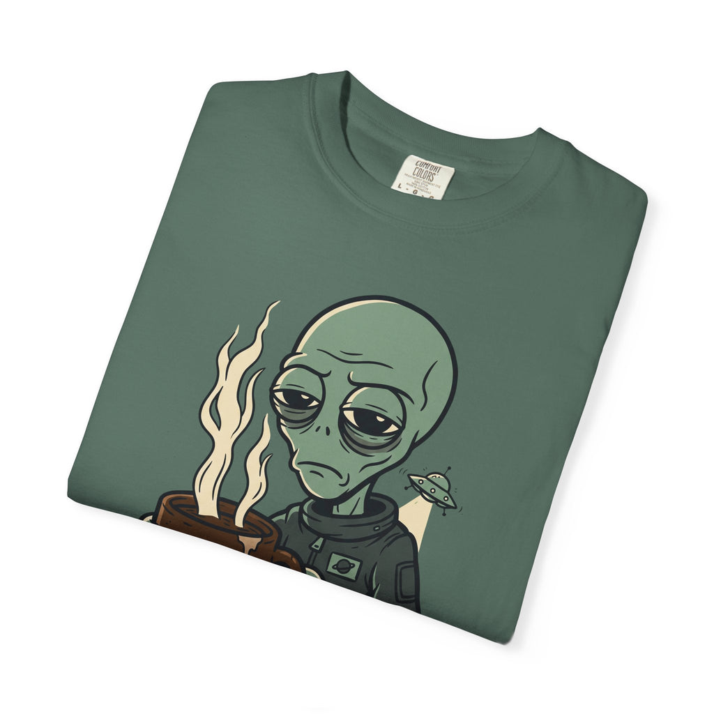 Dark green alien coffee T-shirt with character illustration and flame