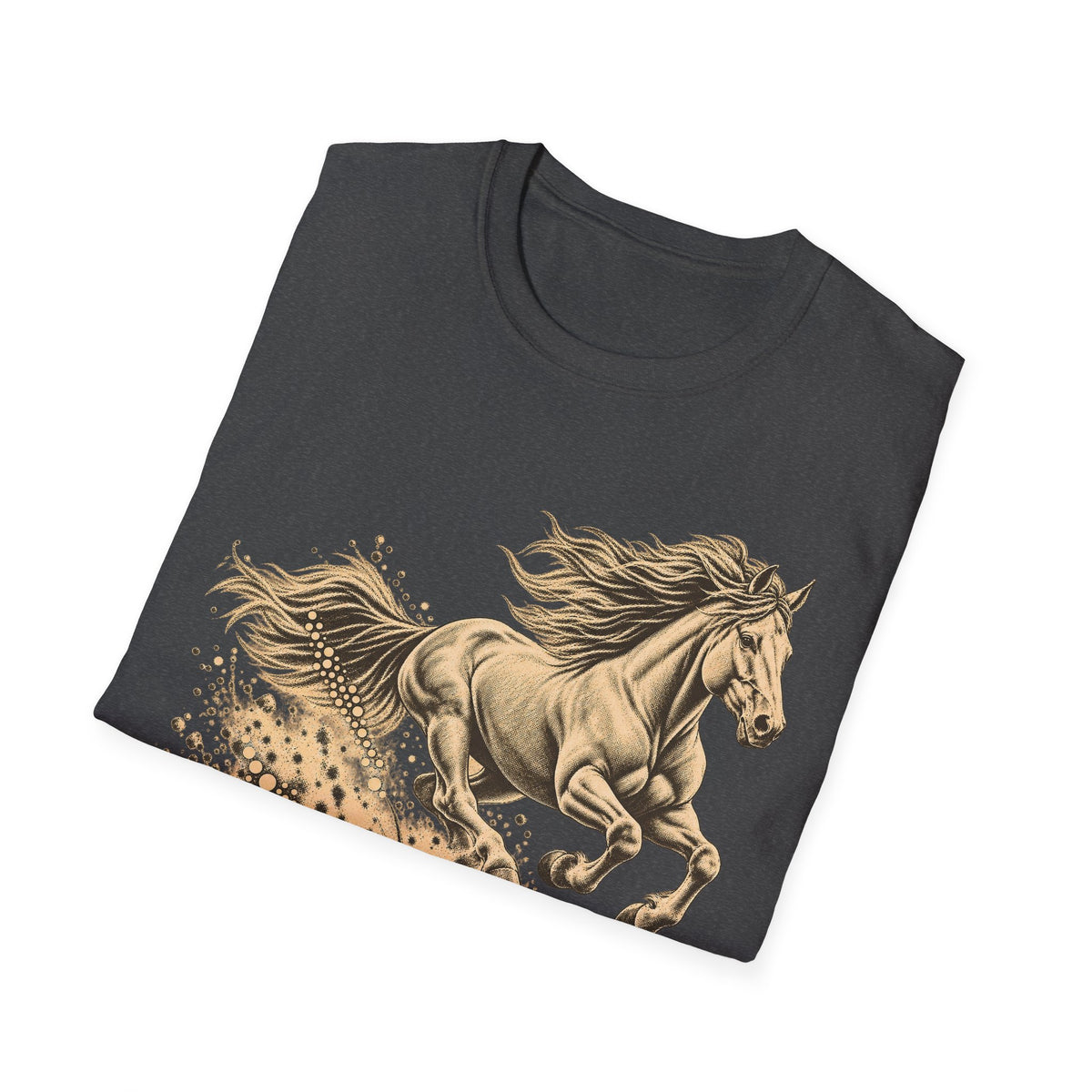 Dark T-shirt featuring a gold running horse graphic with decorative splash detail.