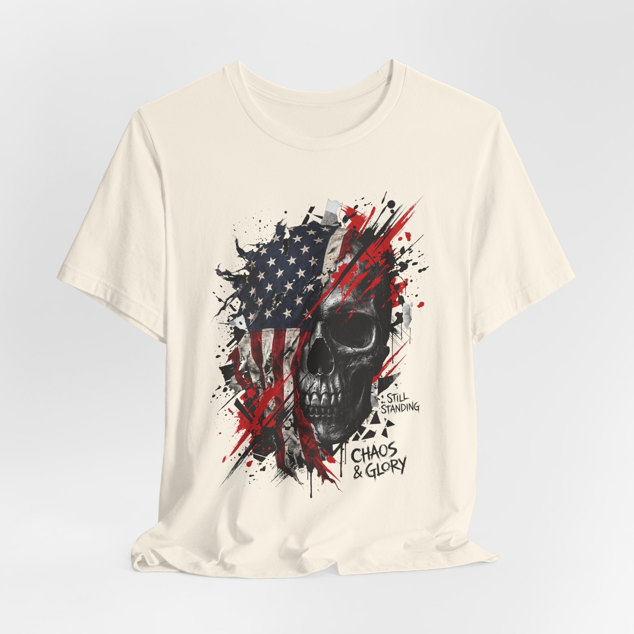 White crewneck T-shirt with patriotic skull graphic, red and blue splatter