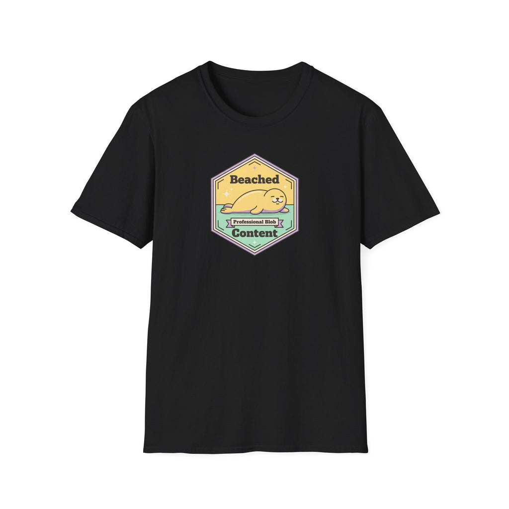 Black crew-neck T-shirt with seal badge graphic centered on chest