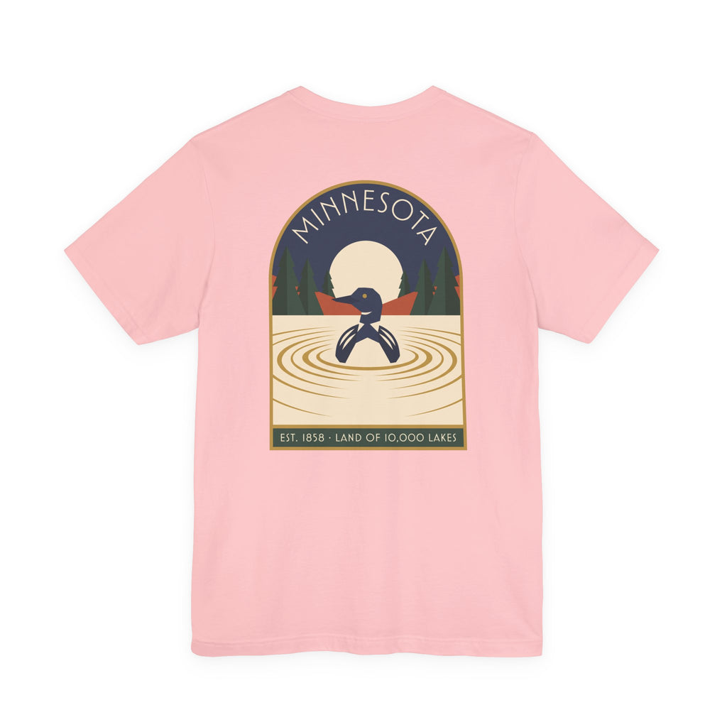 Blush pink art deco T-shirt with Minnesota loon lake graphic emblem on front