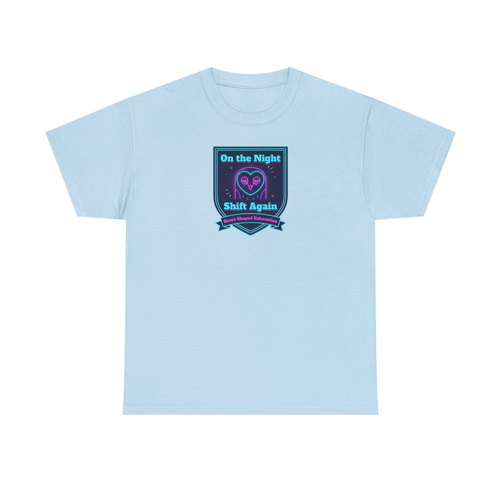 Light blue crew-neck T-shirt with night shift slogan graphic on chest