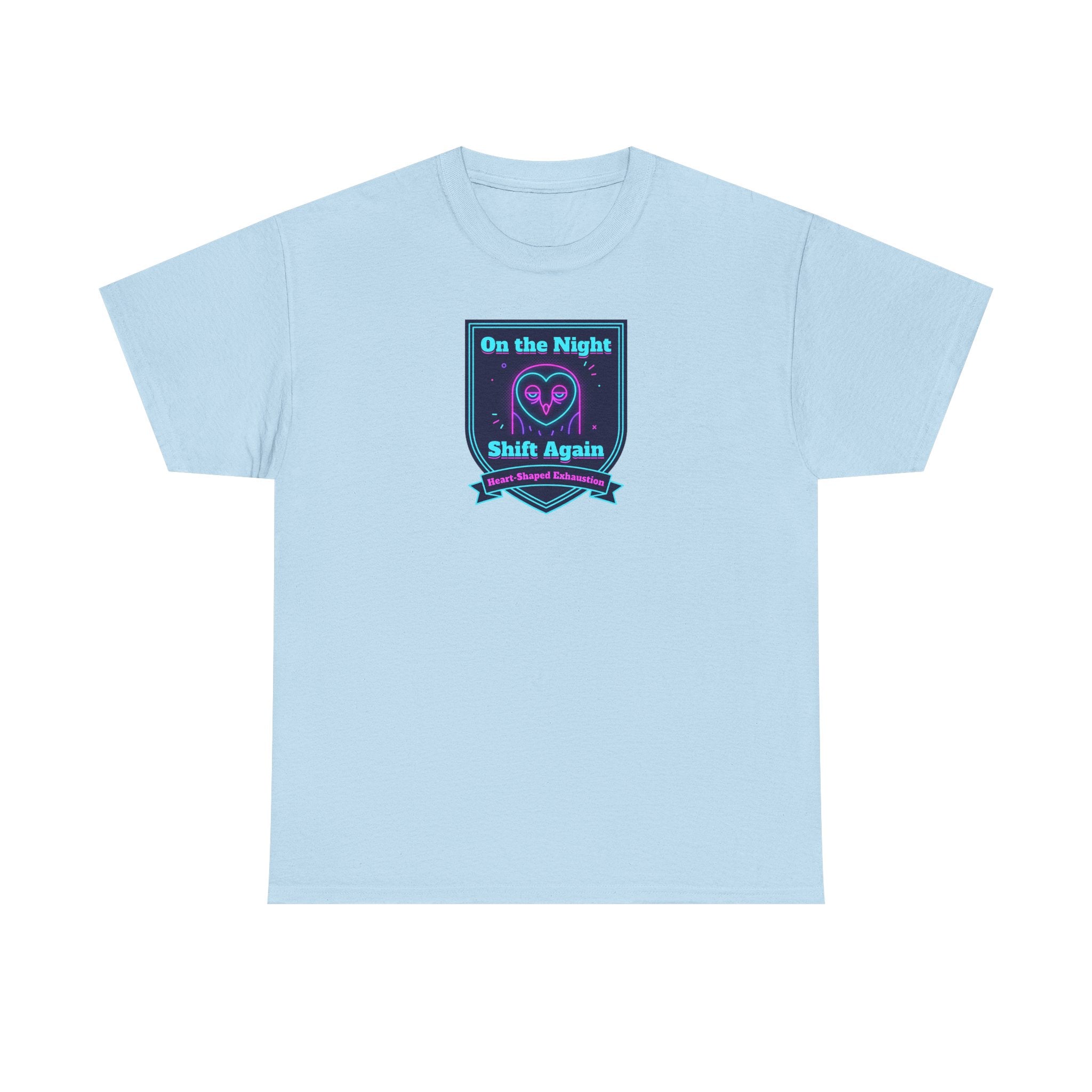 Light blue crew-neck T-shirt with night shift slogan graphic on chest