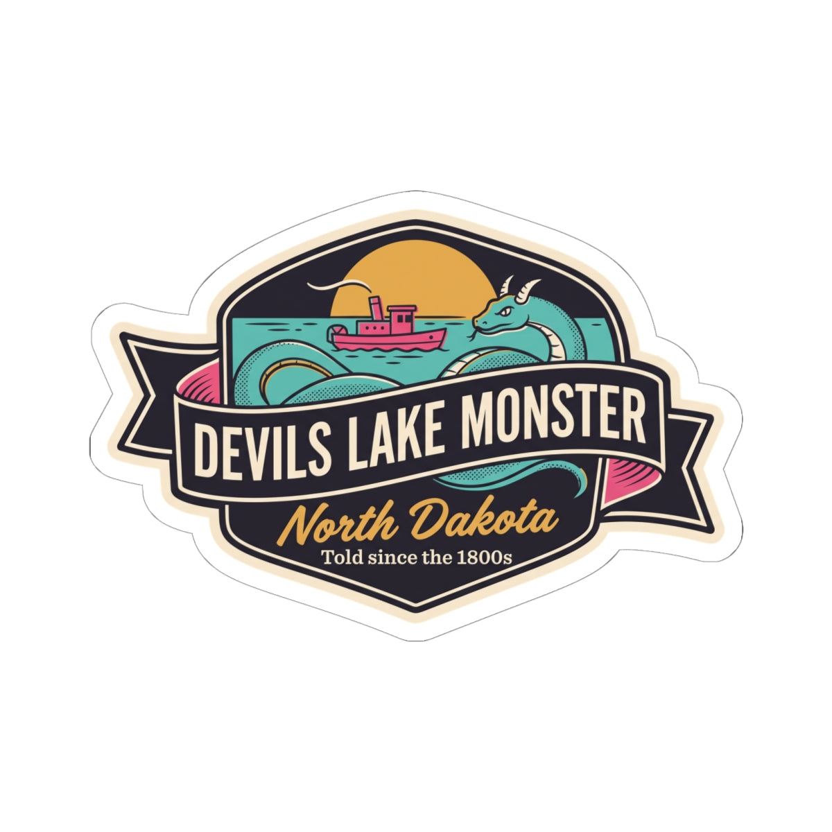 Kiss-cut sticker with dark banner, teal monster, and “North Dakota” script