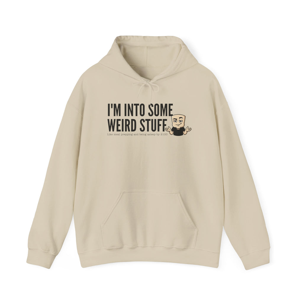 Light tan hoodie with front text graphic and kangaroo pocket
