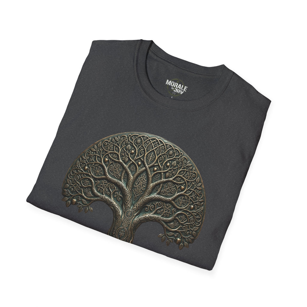 Dark grey T-shirt with Celtic tree of life mandala roots and branches graphic