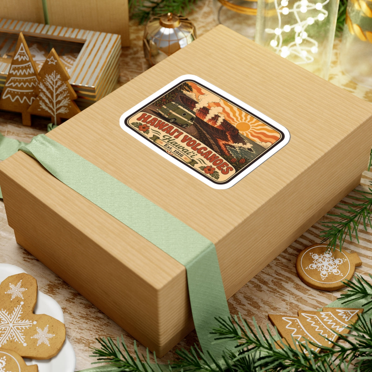 Retro travel sticker on wrapped gift, rounded white border, green van and volcano, Hawaii Volcanoes