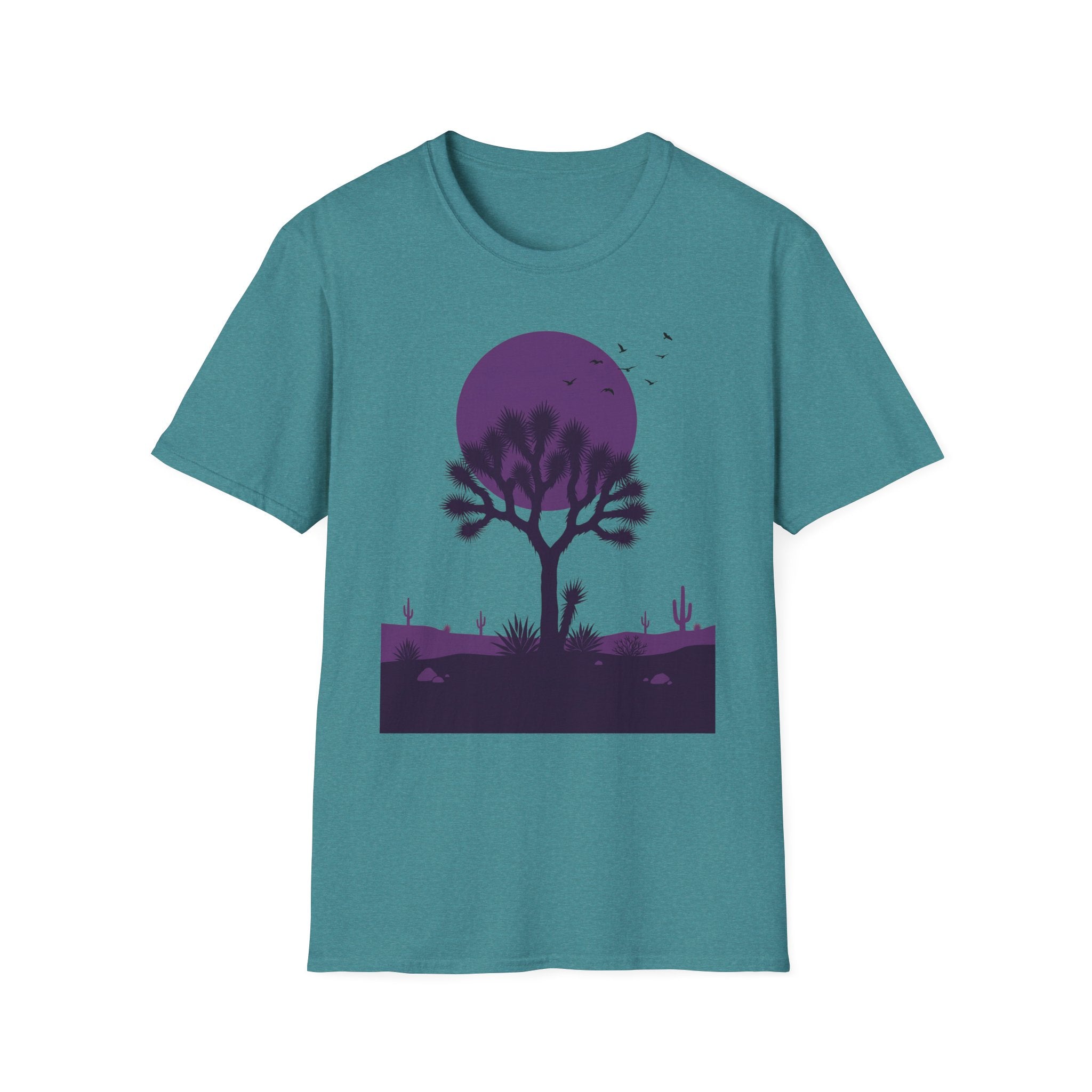 Teal T-shirt with purple moon and Joshua tree desert landscape silhouette graphic