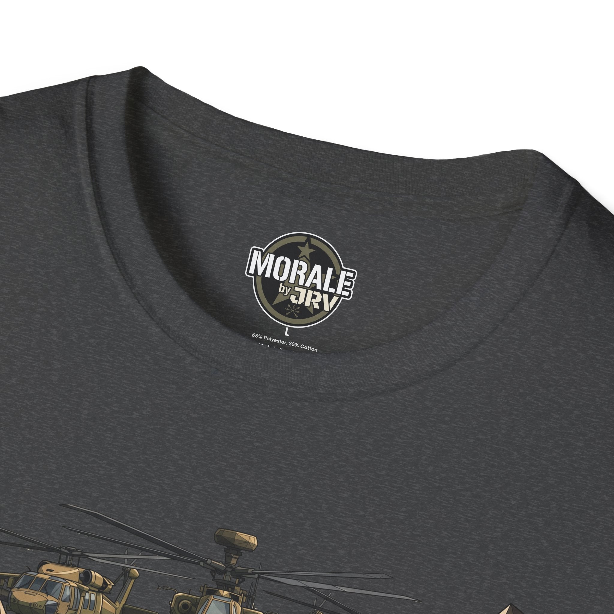 Dark heather T-shirt with Morale by JRIV logo at neckline