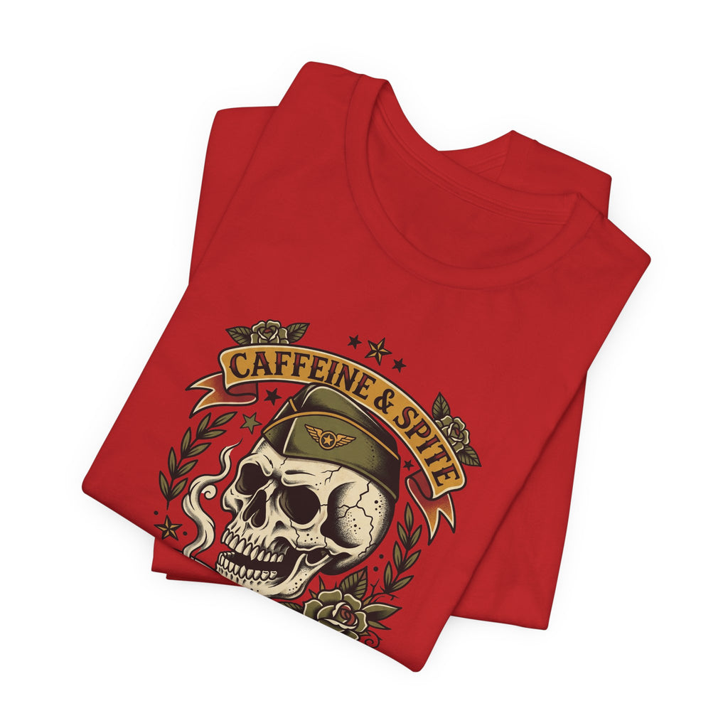Red T-shirt with front skull and “CAFFEINE & SPITE” banner graphic illustration