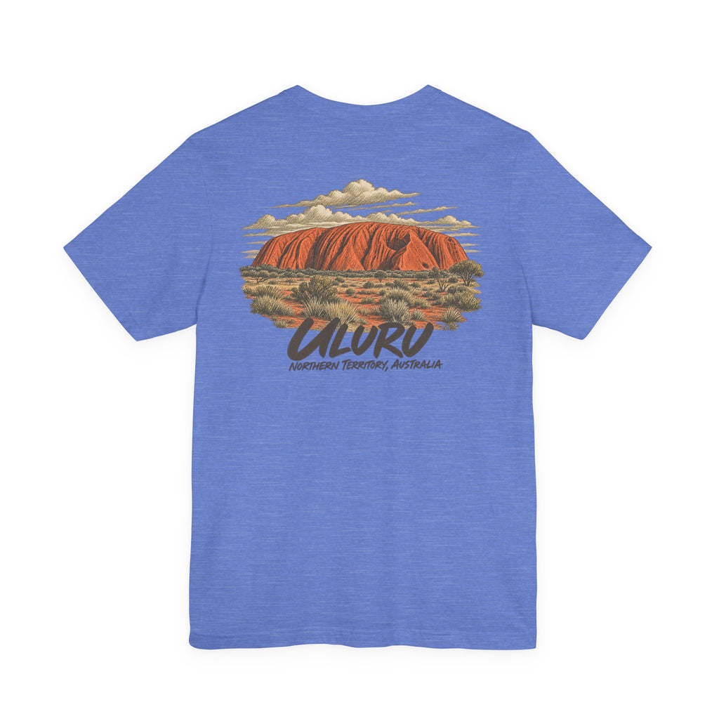 Blue travel t-shirt with Uluru landscape and AURO text graphic on chest