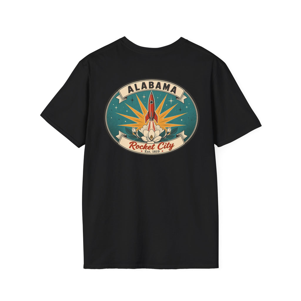 Black T-shirt with circular Alabama Rocket City rocket graphic on chest