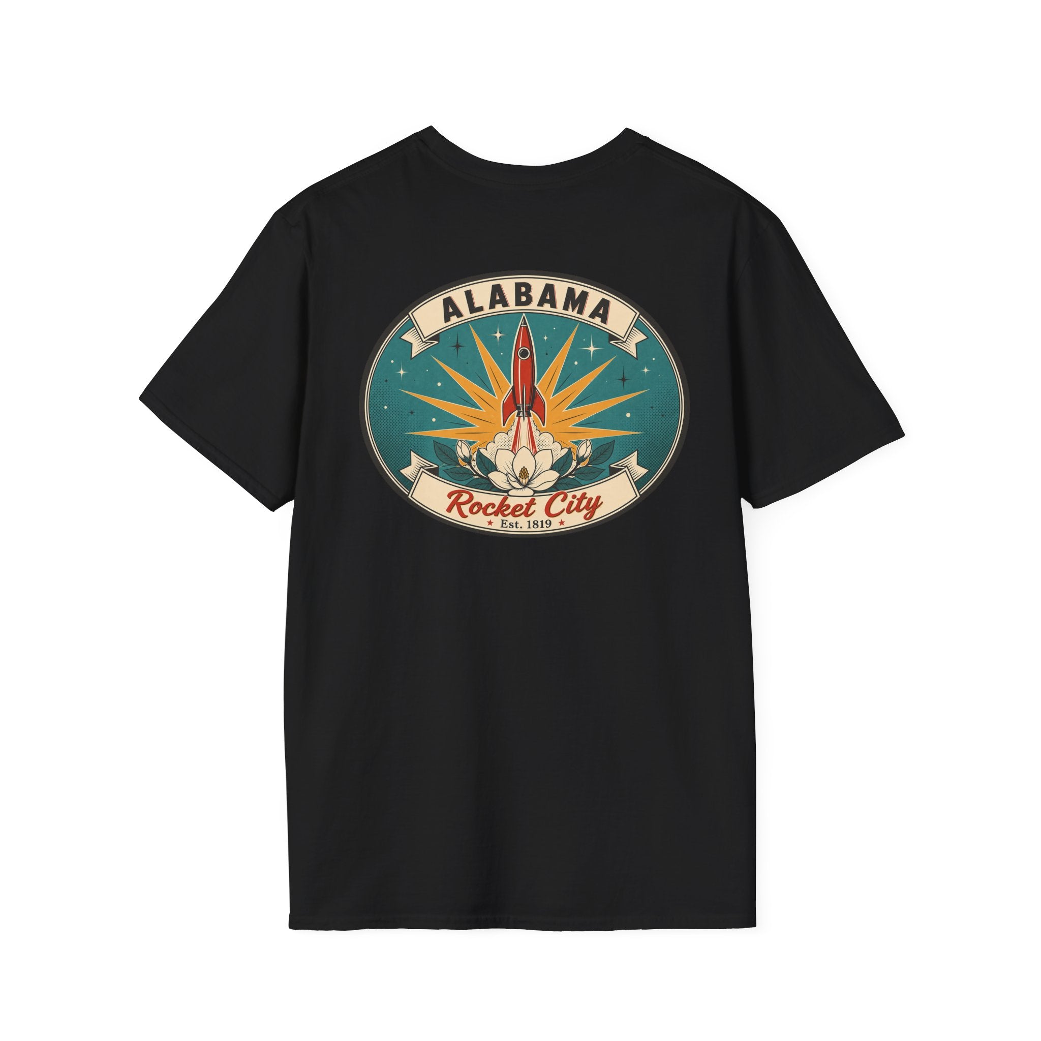 Black T-shirt with circular Alabama Rocket City rocket graphic on chest