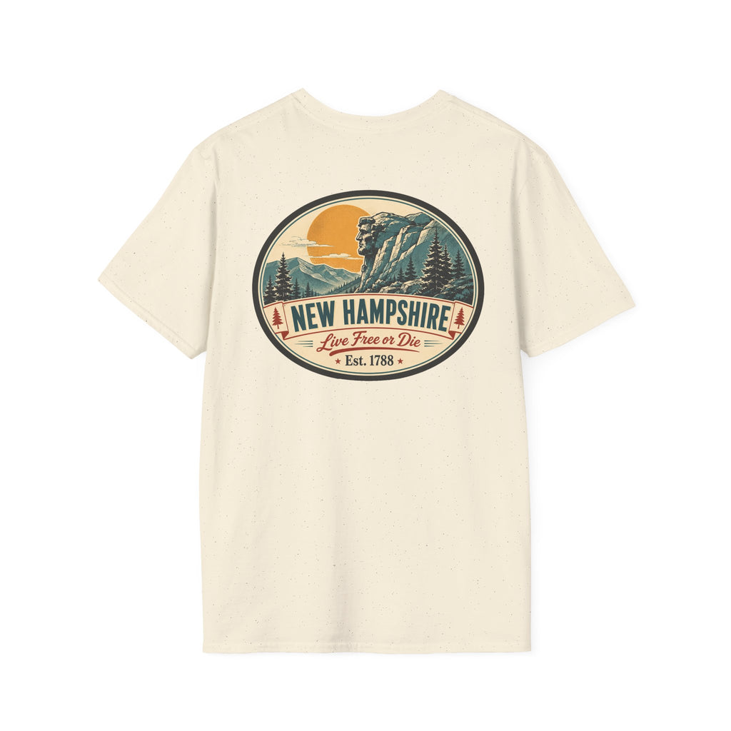 Natural cream graphic T-shirt with circular mountains and New Hampshire logo on chest