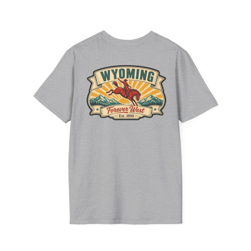 Light gray Wyoming graphic T-shirt with cowboy hat banner and landscape logo at chest