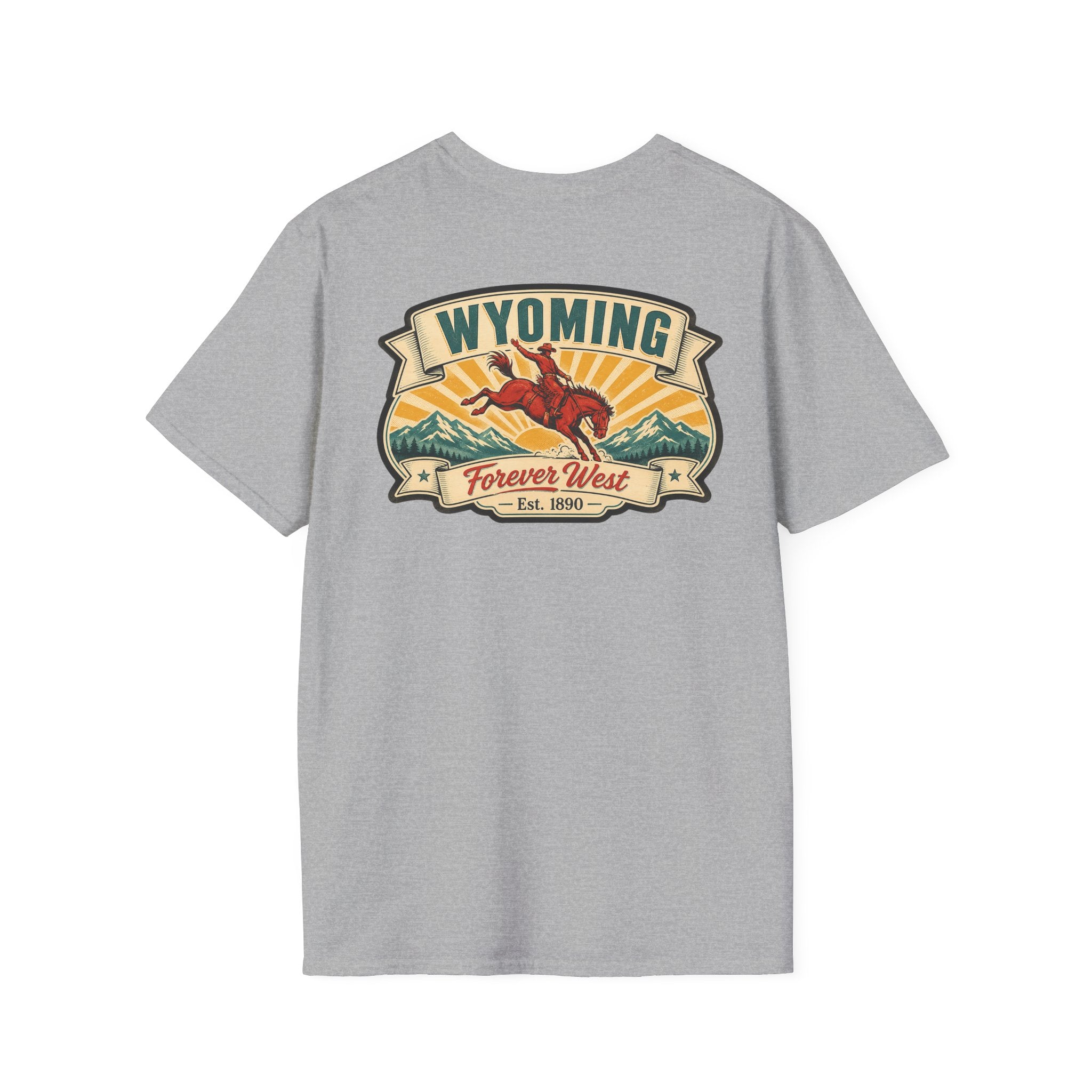 Light gray Wyoming graphic T-shirt with cowboy hat banner and landscape logo at chest