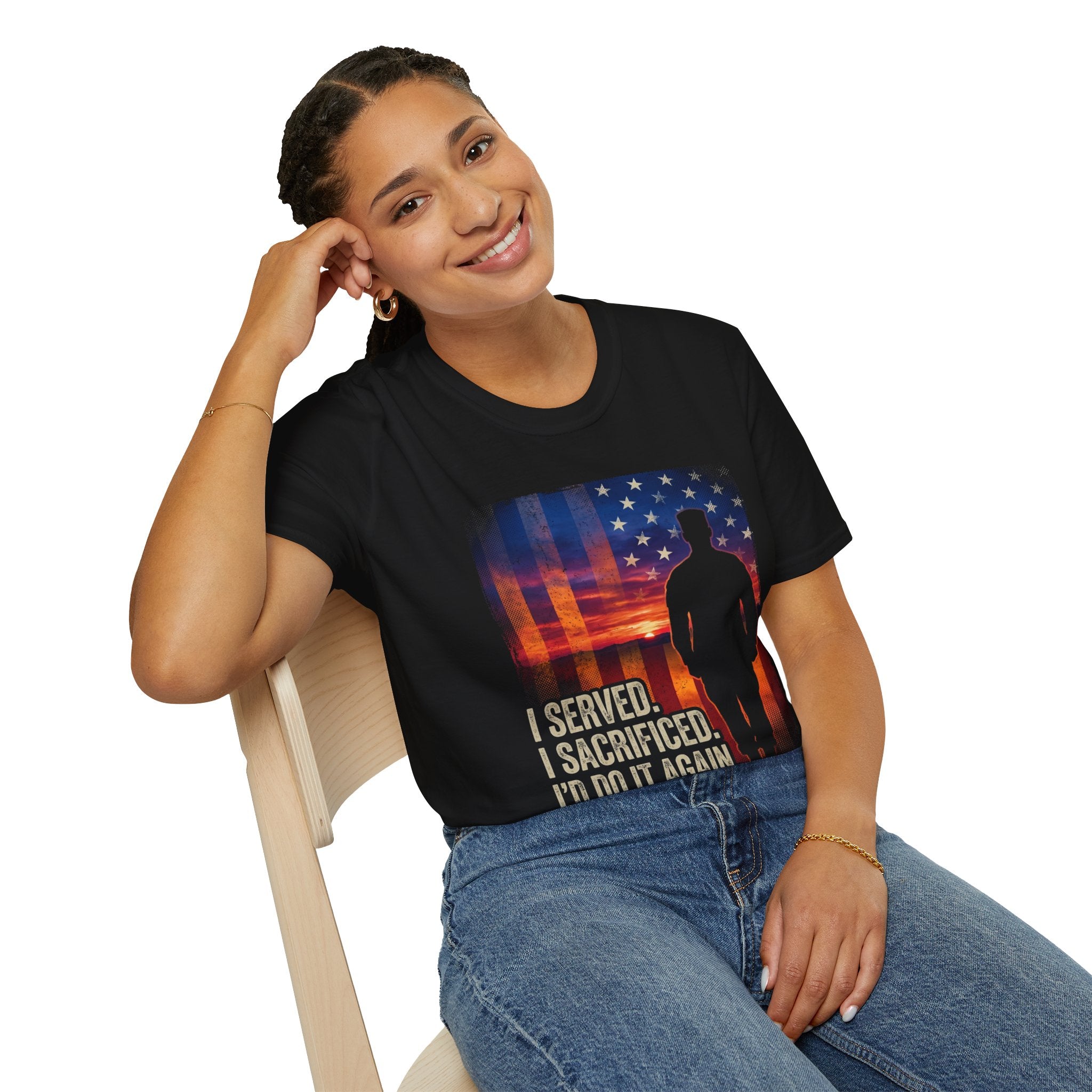Black T-shirt on model, soldier silhouette and American flag sunset graphic with slogan