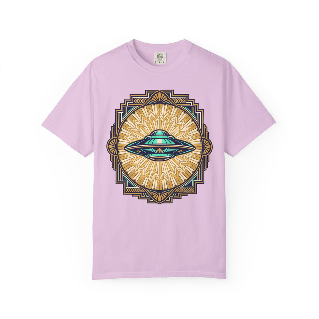 Lavender t-shirt with retro flying saucer sunburst graphic
