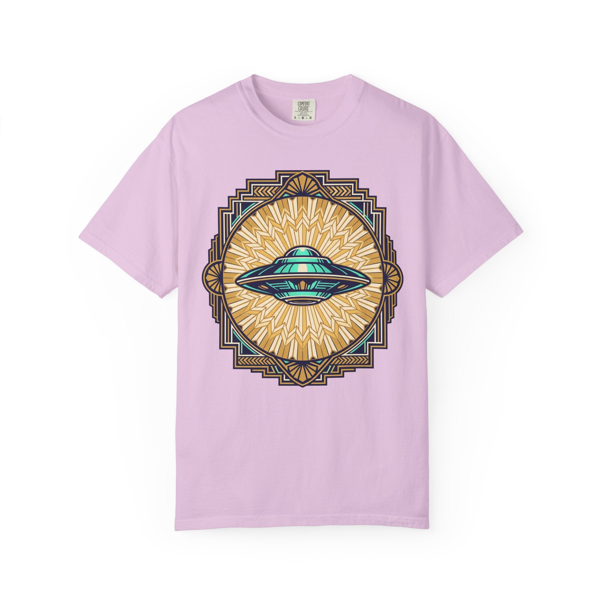 Lavender t-shirt with retro flying saucer sunburst graphic