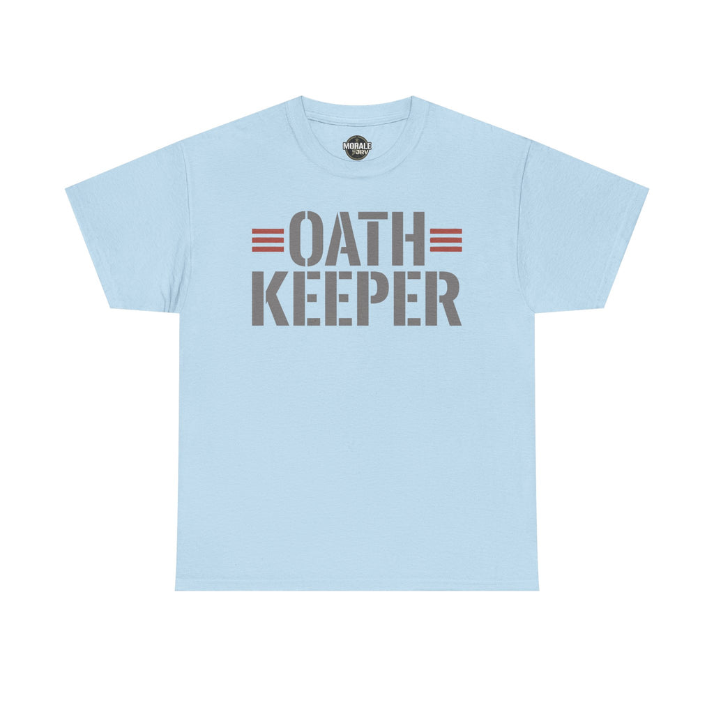 Light blue T-shirt with 'OATH KEEPER' patriotic graphic