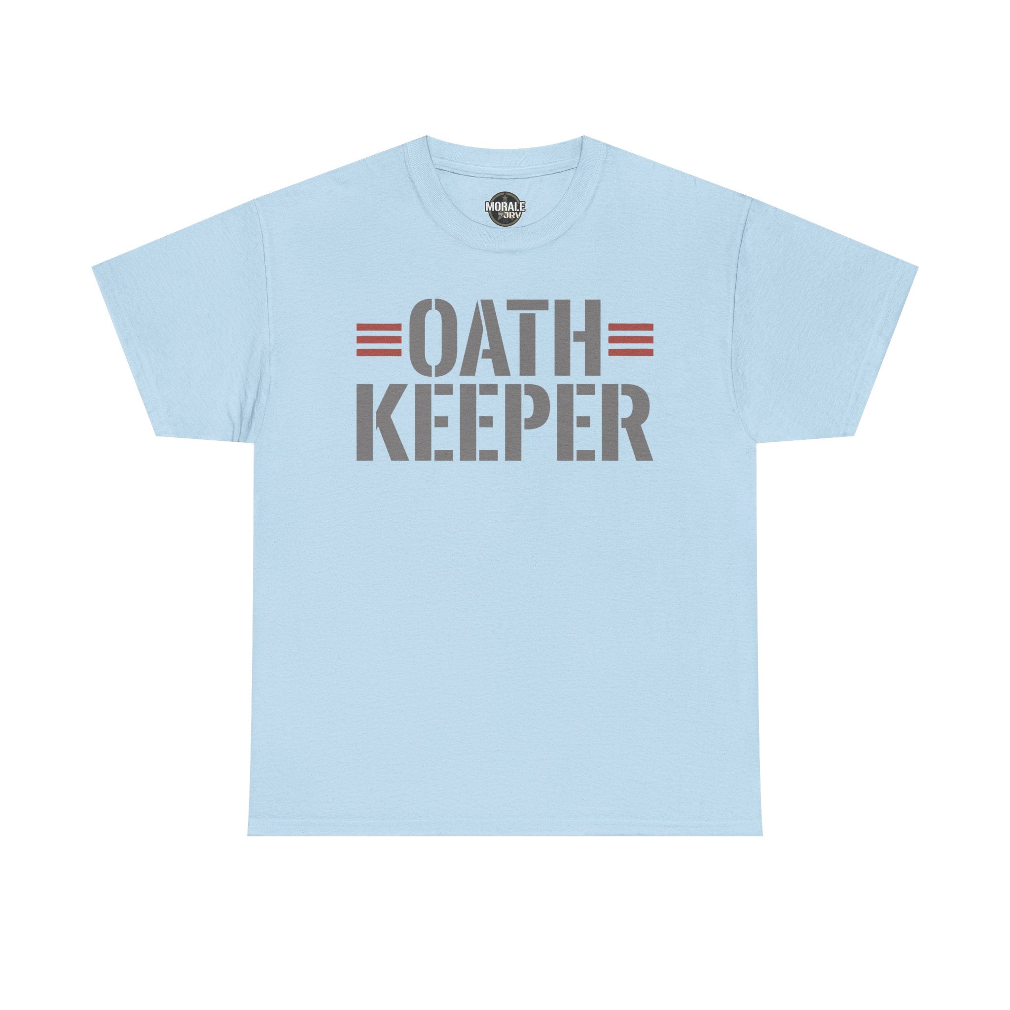 Light blue T-shirt with 'OATH KEEPER' patriotic graphic