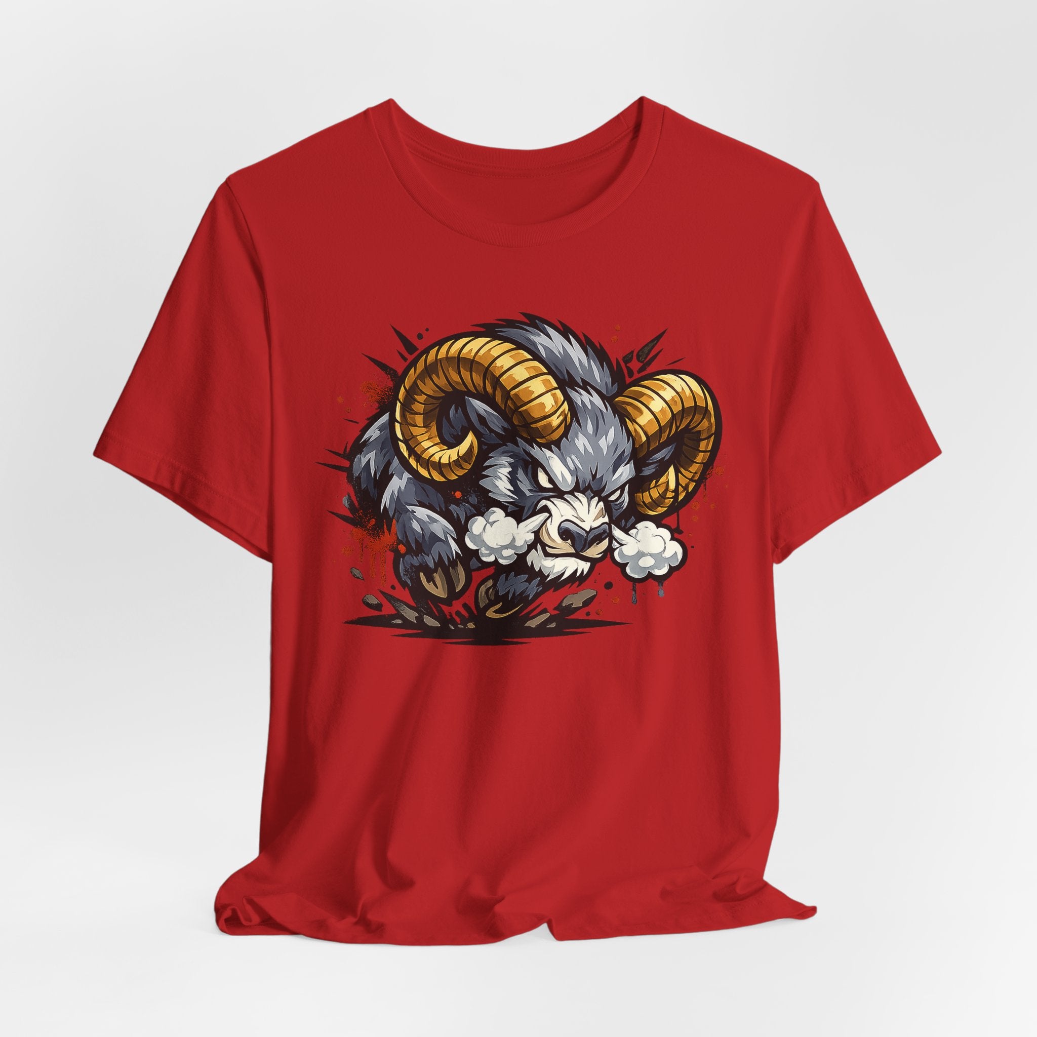 Red short-sleeve t-shirt with charging ram head illustration, gold horns and white puffs