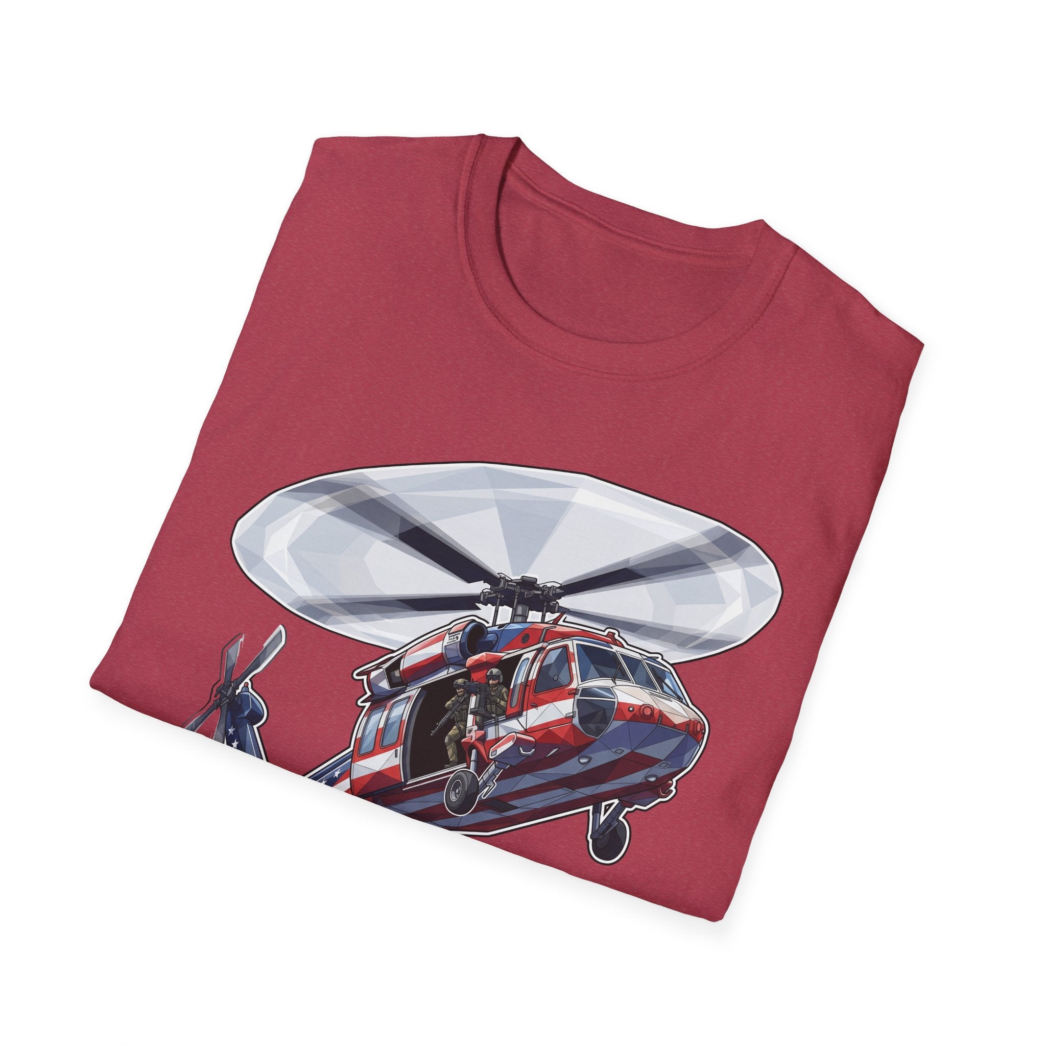 Maroon t-shirt with rescue helicopter graphic and American flag accents