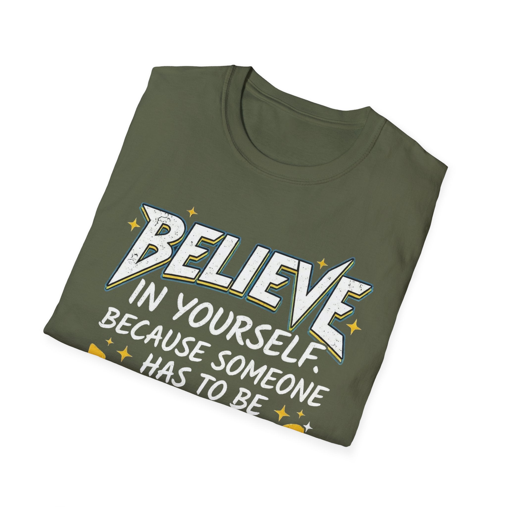 Funny T-Shirt mit Zitat-Print „BELIEVE…“, Military Green