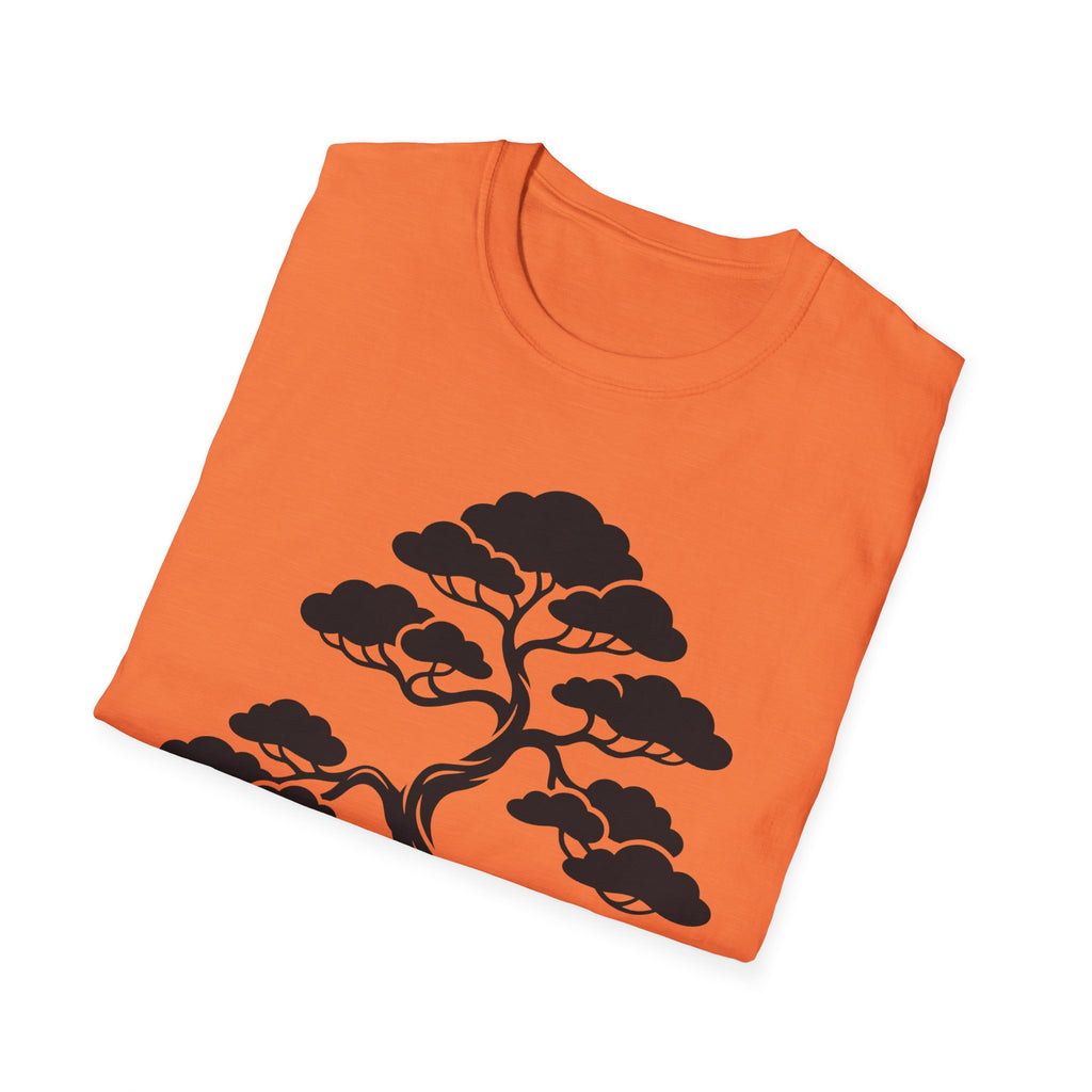Orange T-shirt folded, black bonsai tree graphic across front