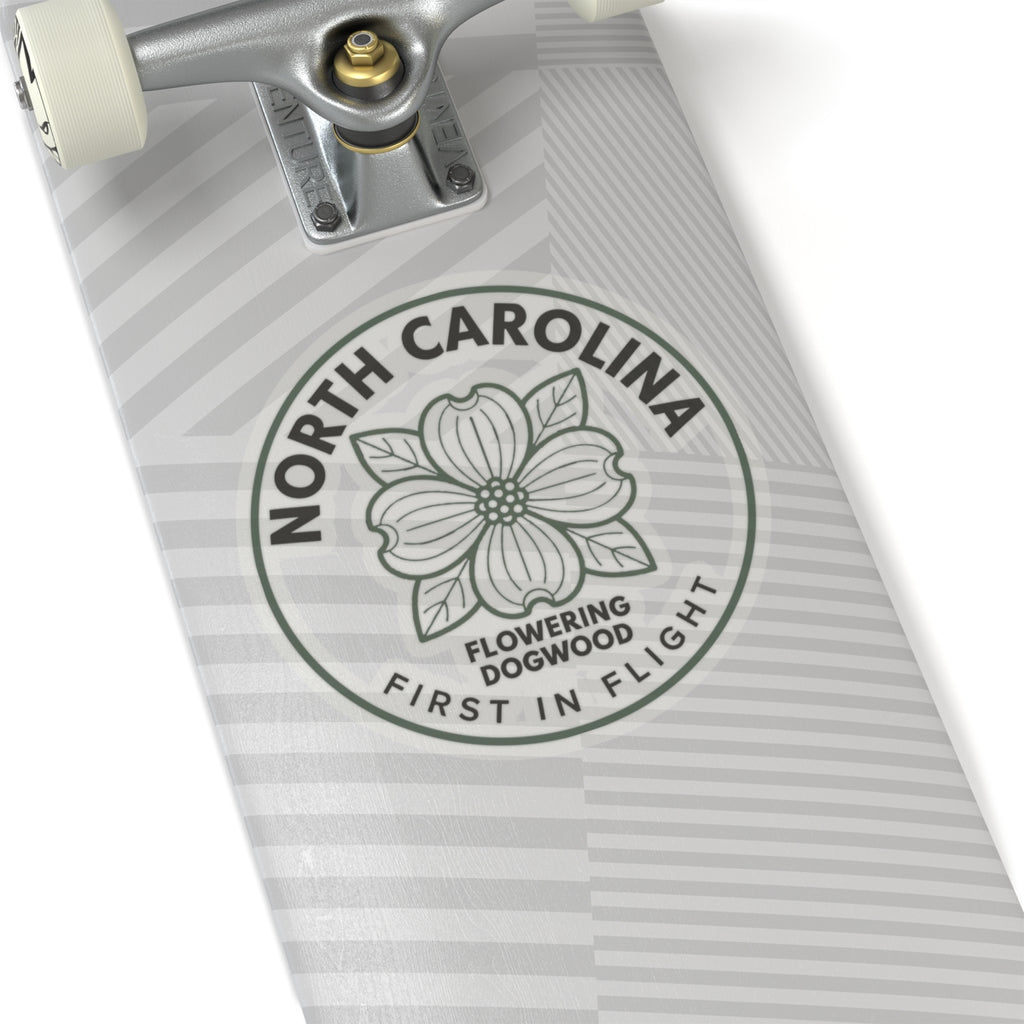 Transparent vinyl sticker with circular North Carolina dogwood flower seal