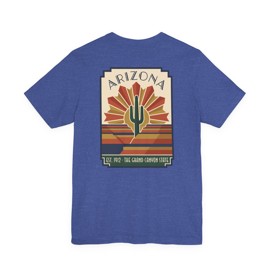 Royal blue t-shirt with Arizona cactus art graphic in retro sunburst frame