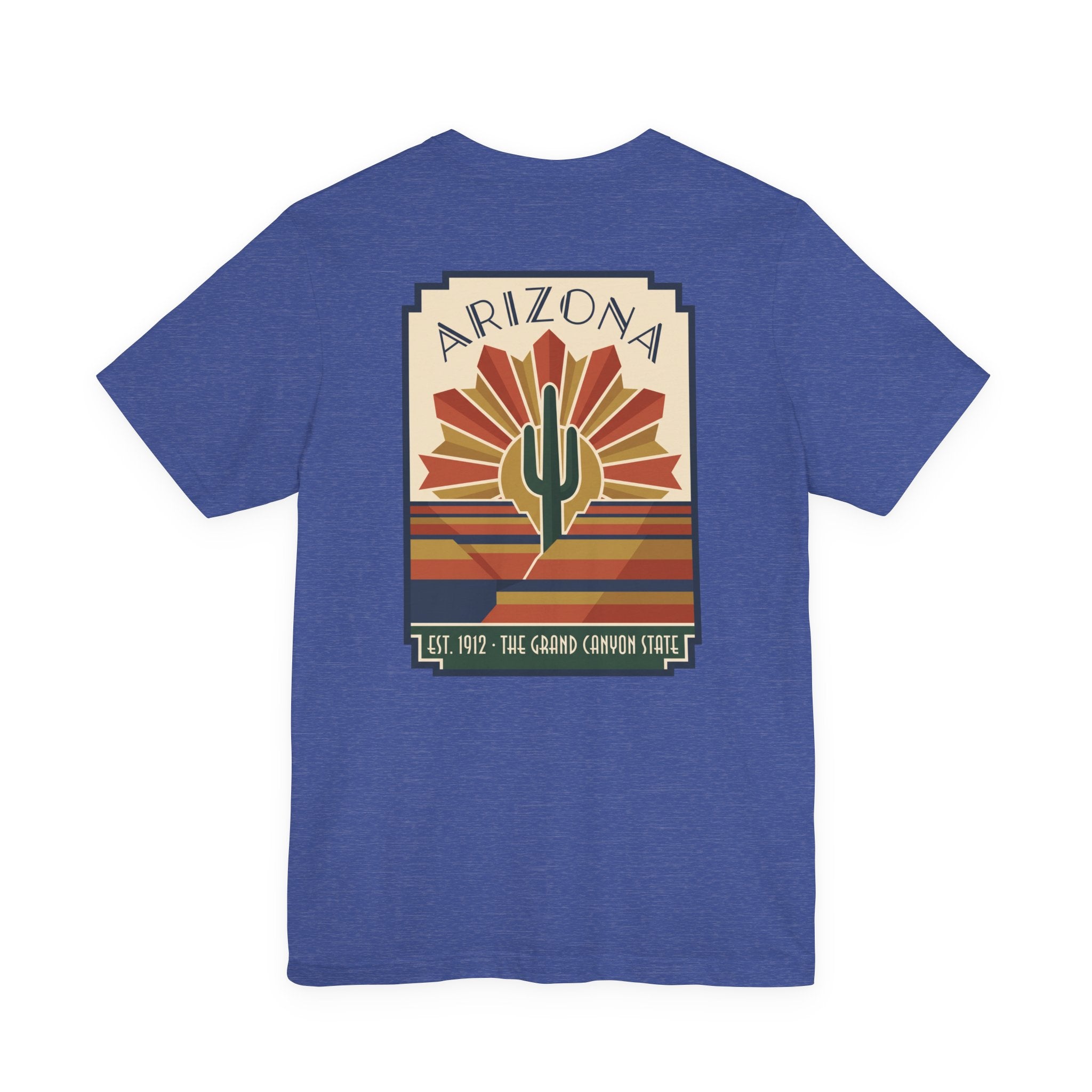 Royal blue t-shirt with Arizona cactus art graphic in retro sunburst frame